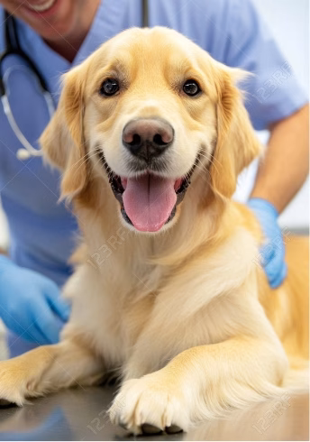 happy golden retriever and vet in background