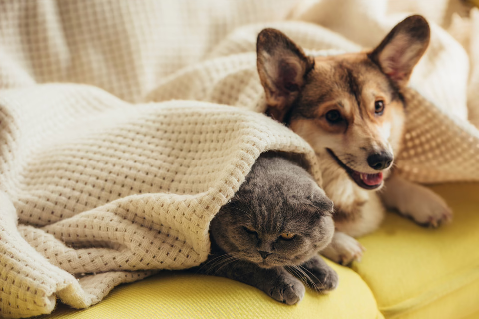 dog and cat under blanket